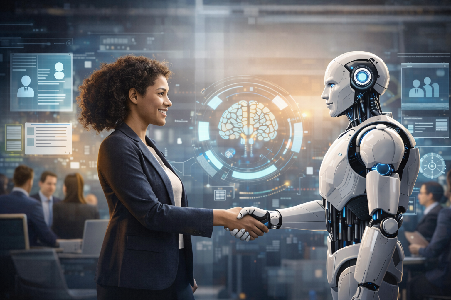AI-generated image showing collaboration between a human HR professional and an AI system