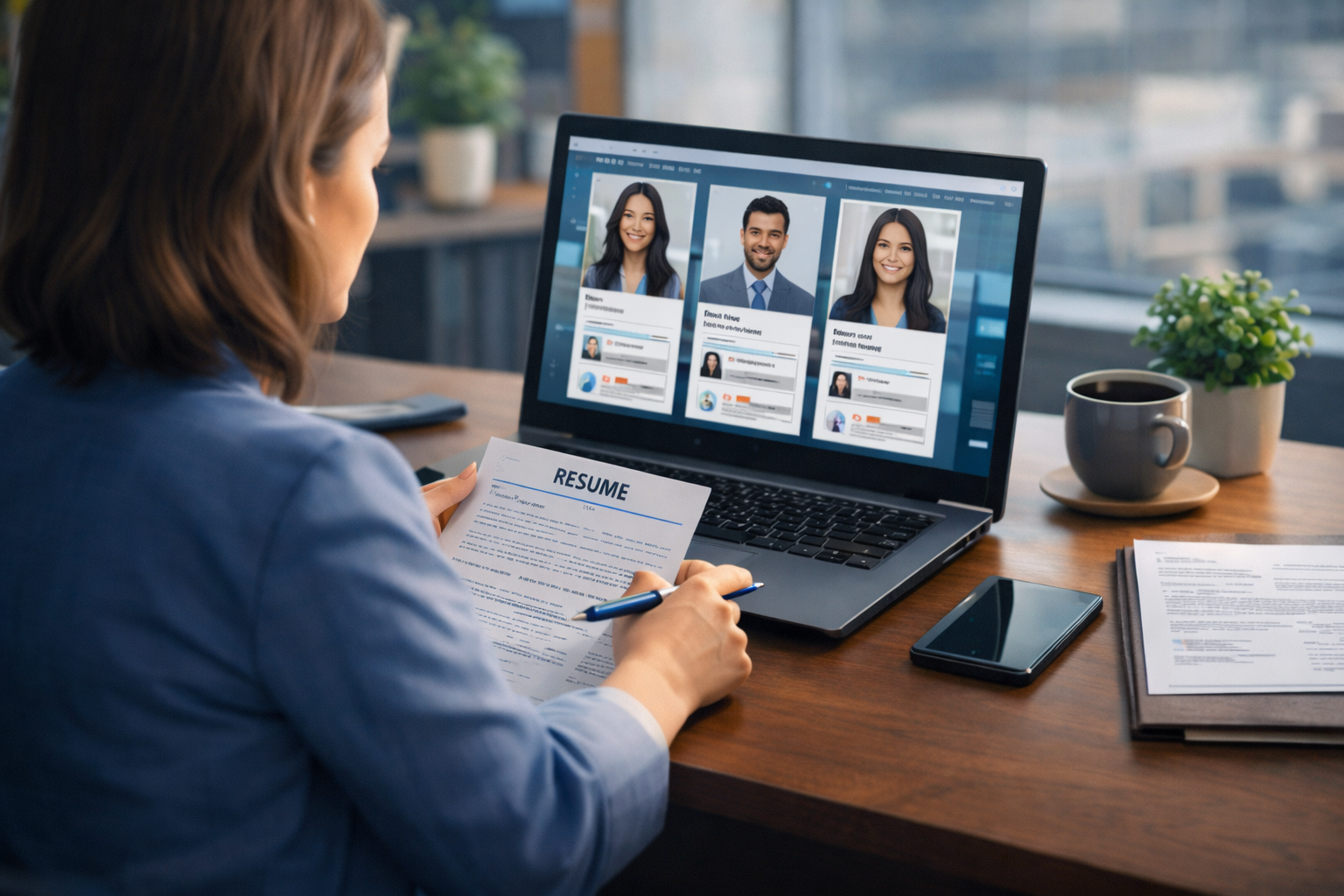 AI-generated image of a recruiter reviewing resumes on a laptop